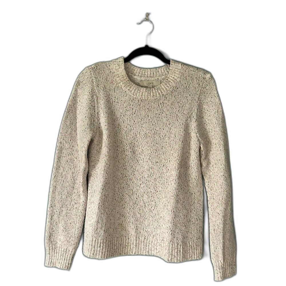 Loft ribbed crewneck pullover beige sweater with colorful confetti specks size M